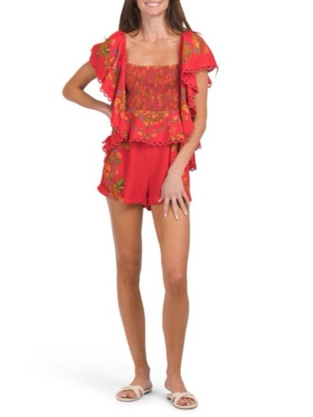 FARM Rio Red Embroidered Ruffle Romper